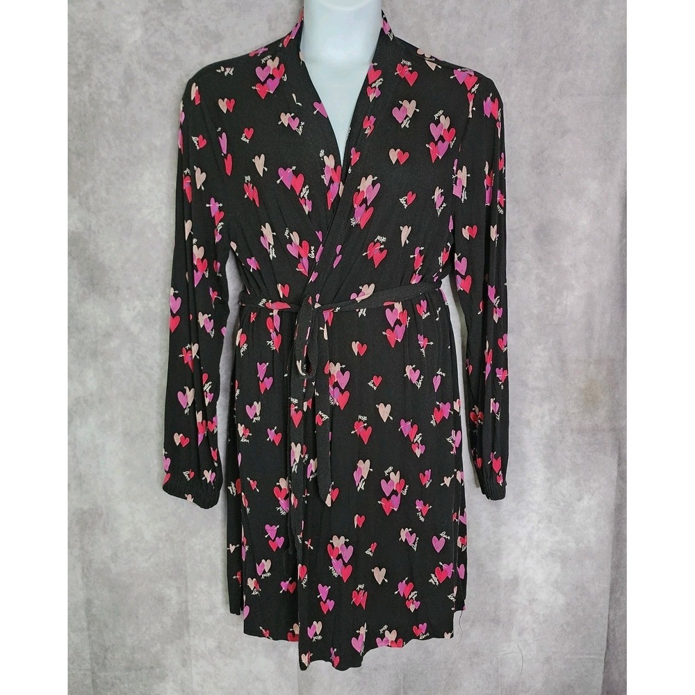 Soma Cool Nights Kimono Robe Heart Print Black Pink Jersey L/XL Long Sleeves
